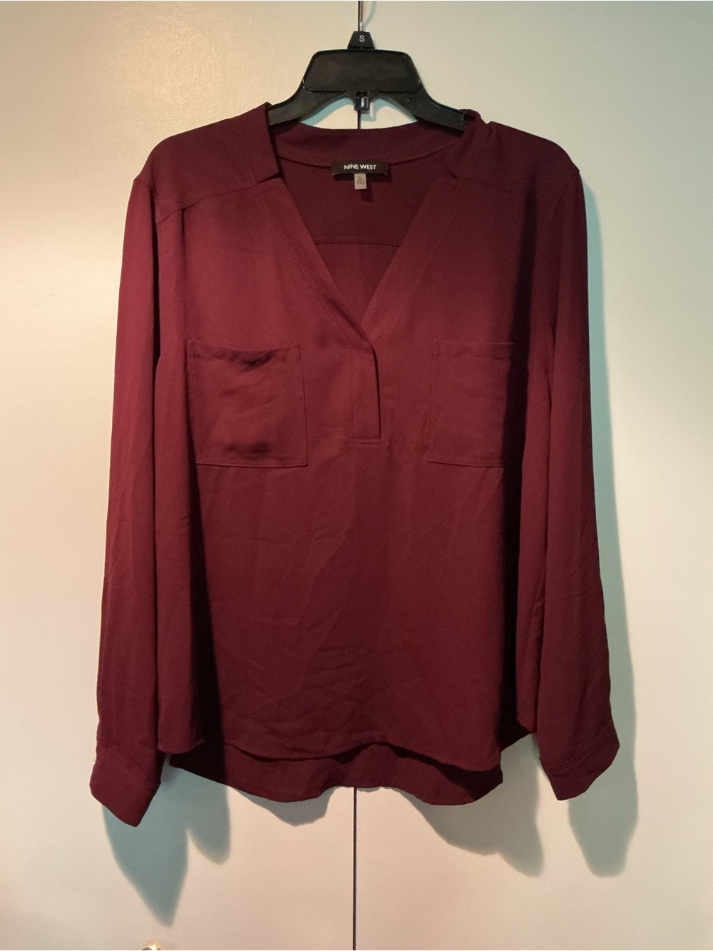 Nine West Burgundy V-Neck Long Sleeve Pocket Blouse